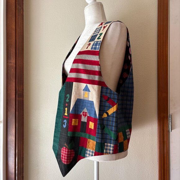 VTG 90s Handmade Reversible Teacher's Vest Fall Leaves Apples Cotton Size L - Picture 3 of 12